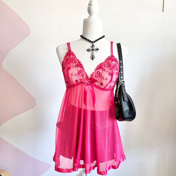 Pink Sheer Lingerie Top, Y2K, Coquette, Romantic, Soft‎ Girl, Feminine, Medium - Picture 1 of 4